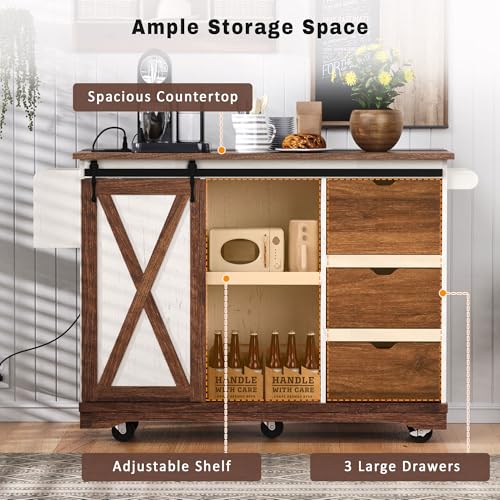 Farmhouse Kitchen Island with Power Outlet, Drop Leaf, Spice Rack and Drawer,Rolling Kitchen Cart on Wheels