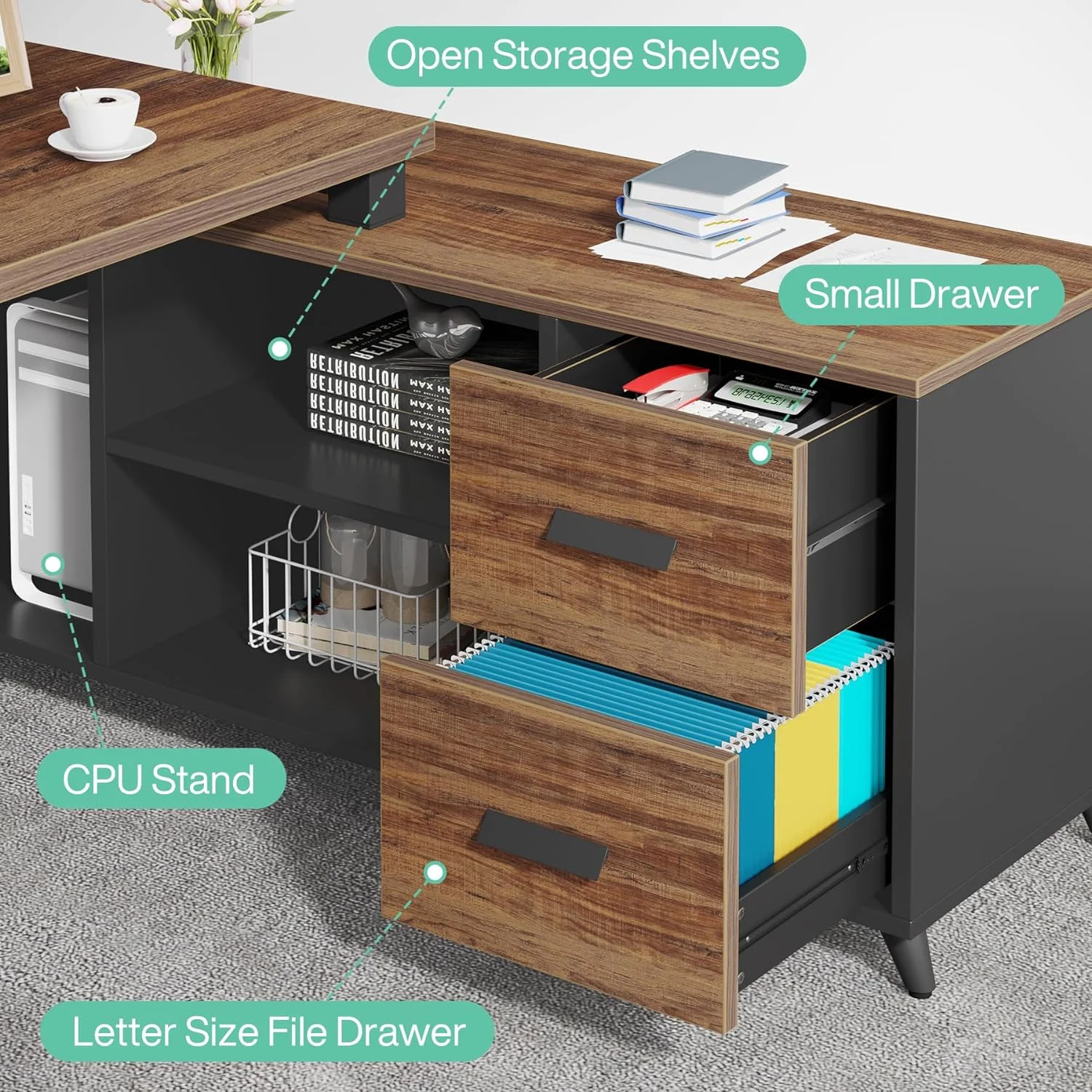L Shaped Desk with File Drawer, 55 Inch Executive Office Desk with File Cabinet Storage Shelves
