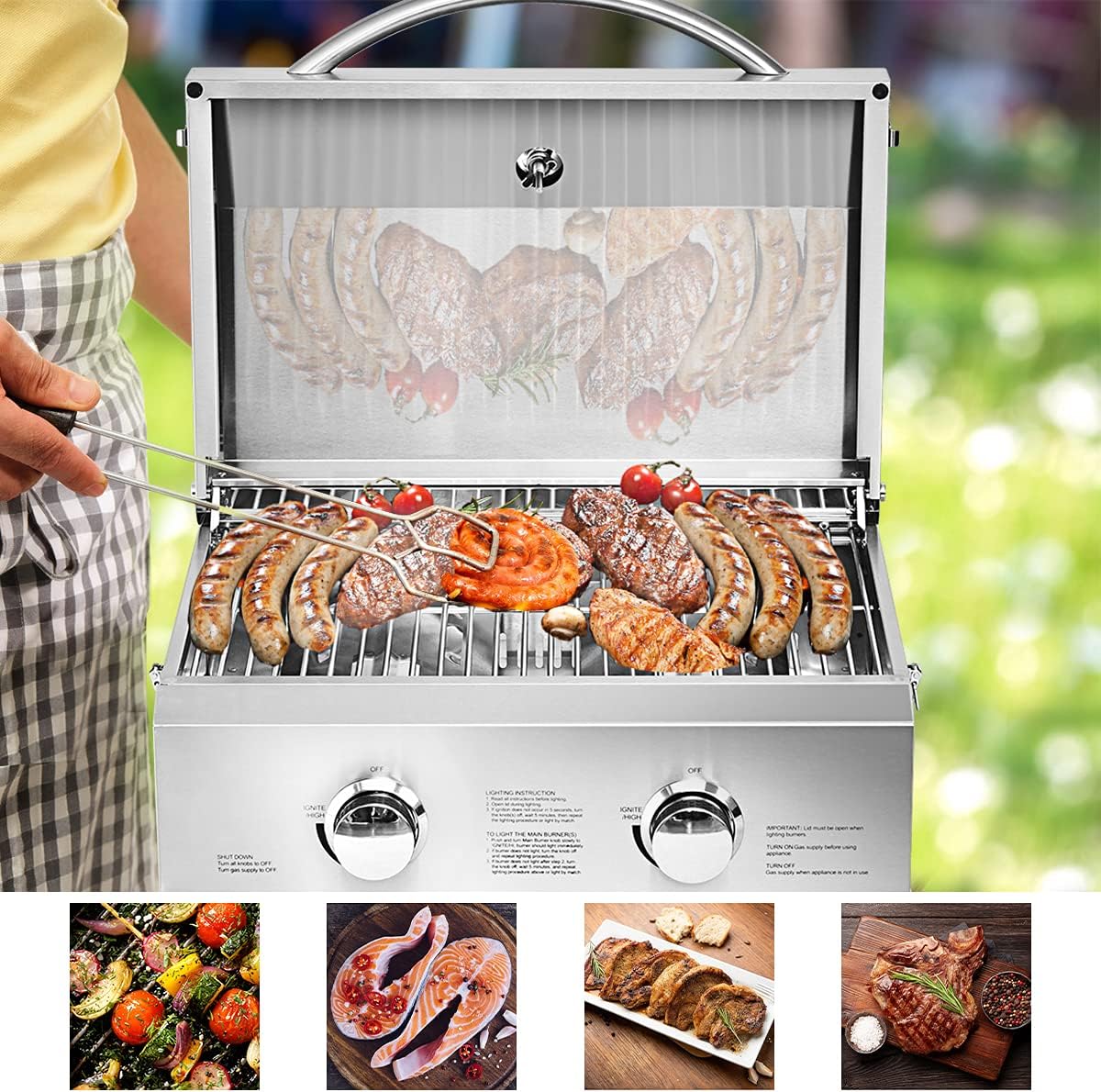 Happygrill Portable Gas Grill Stainless Steel Propane Grill Two-Burner Outdoor BBQ Grill with Foldable Leg for Camping Picnics, 20000 BTU