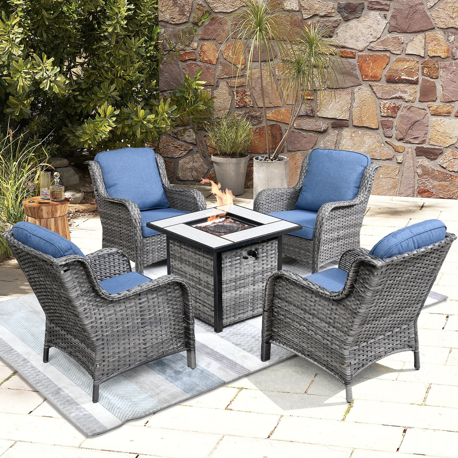 OVIOS  Rattan Wicker 5-piece Patio Furniture Set Single Chairs With Fire Pit Grey