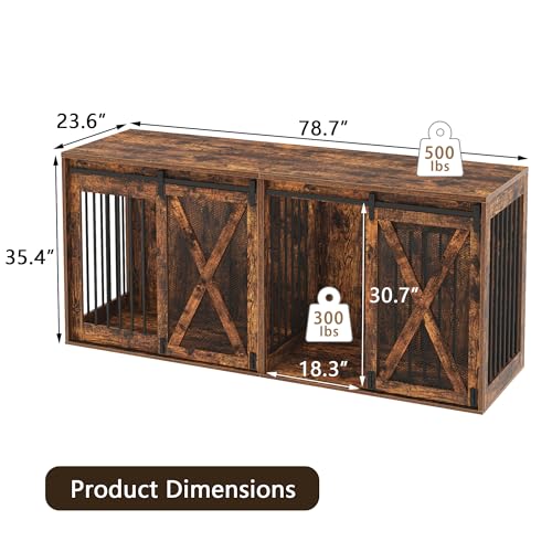 78.7" XXL Dog Crate Furniture for 2 Large Dogs, Heavy Duty Double Dog Cage Large Breed, 35.4" Tall Thick Wooden Dog Kennel TV Stand with Divider