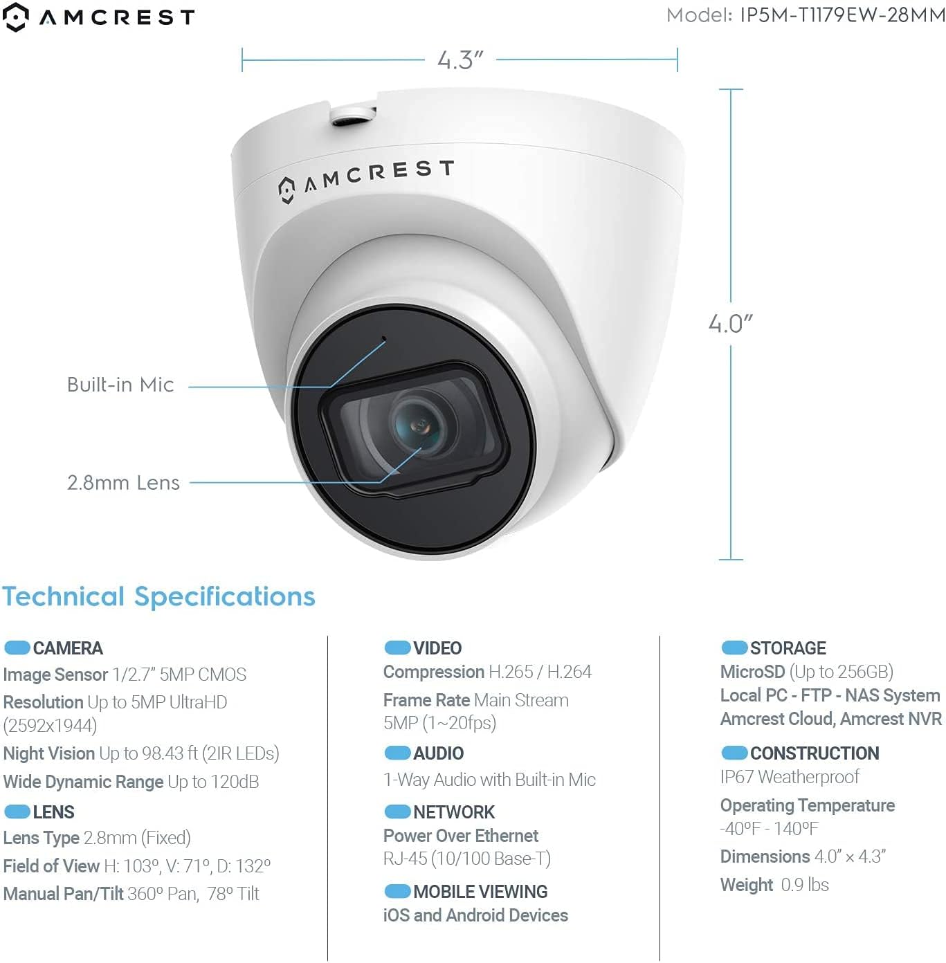 Amcrest 5MP Turret POE Camera, UltraHD Outdoor IP Camera POE with Mic/Audio, 5-Megapixel Security Surveillance Cameras, 98ft NightVision