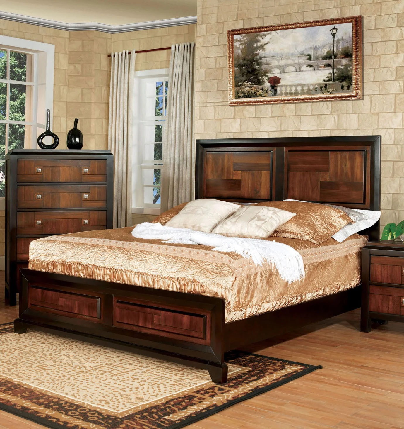 6pc Bedroom Furniture Set Queen Size Bed Dresser Mirror 2x Nightstands Chest Gorgeous Two Tone Walnut Solid wood Acacia