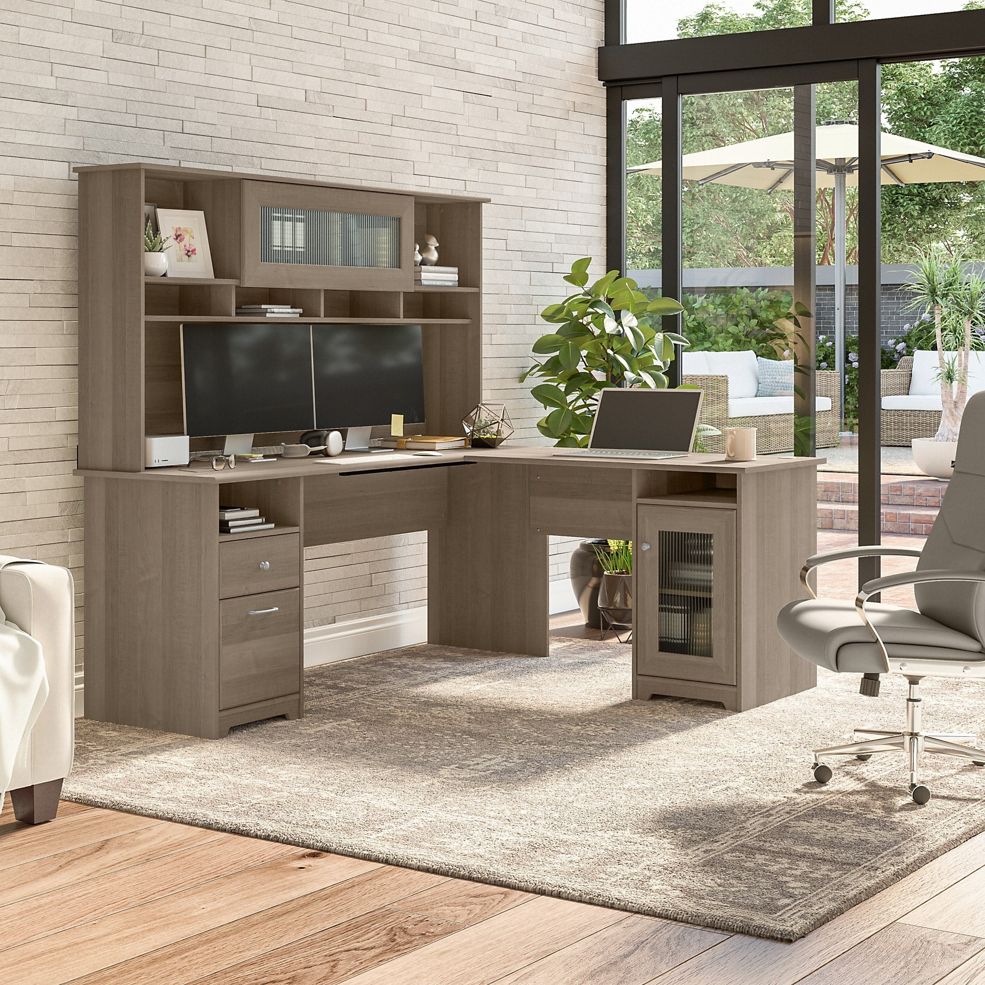 Cabot 72W L Shaped Computer Desk with Hutch in White - Engineered Wood