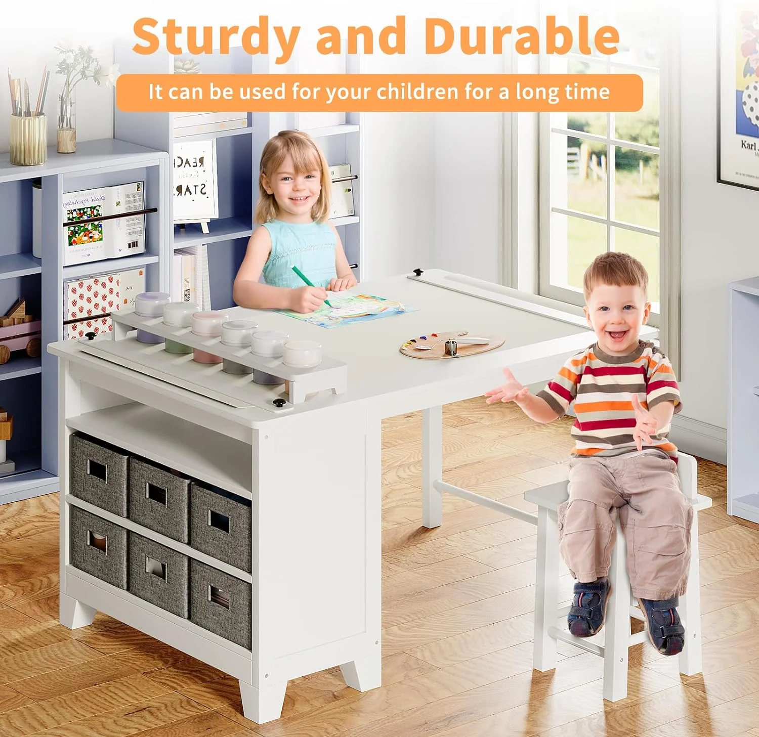 Kids Art Table and Chair Set, Linor Wooden Childern Desk, Kids Craft Table with Two Chairs, Storage Shelves, Canvas Bins, Paper Roll