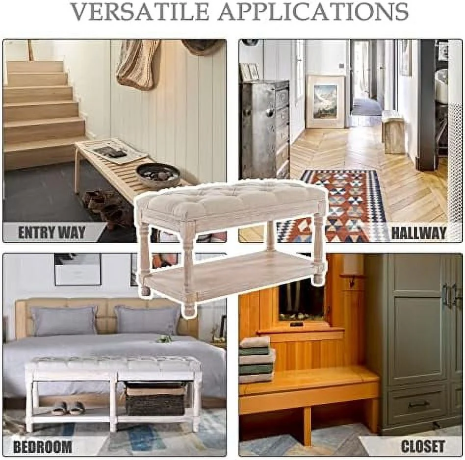 Entryway Bench Tufted Shoe Rack Bench Black Wood Window Bench for Hallway Entrance Bedroom Corner  Beige