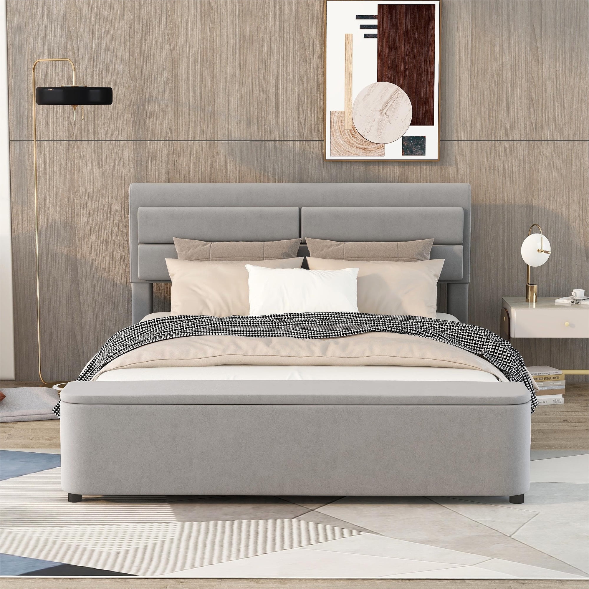 Dawn Whisper Queen Size Upholstery Platform Bed with Storage Headboard and Footboard, Support Legs, Grey