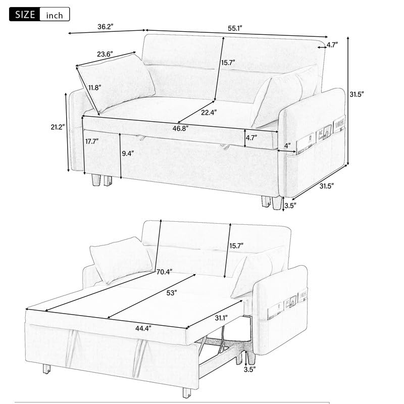 Convertible Chair Bed, 3 in 1 Convertible Sofa Bed Sleeper Chair with 3 Level Adjustable Backrest & 2 Pillow, Pull Out Sofa Bed in Microfiber