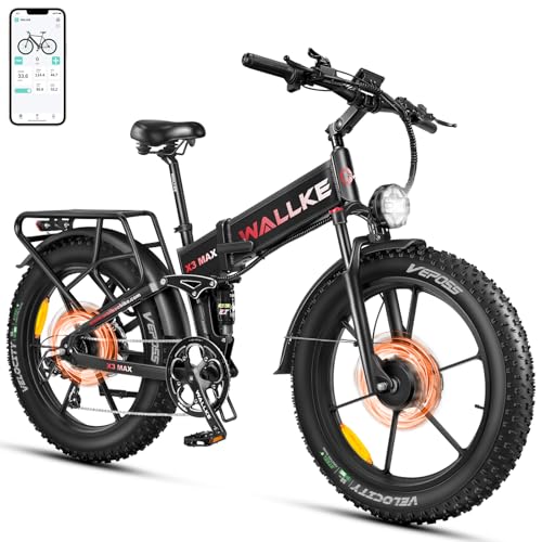 W Wallke Actual 2800W Dual Motor Folding Mountain Electric Bike, 48V 44Ah Battery 170 Mile,26" Fat Tire 35MPH Fast Adult Ebike