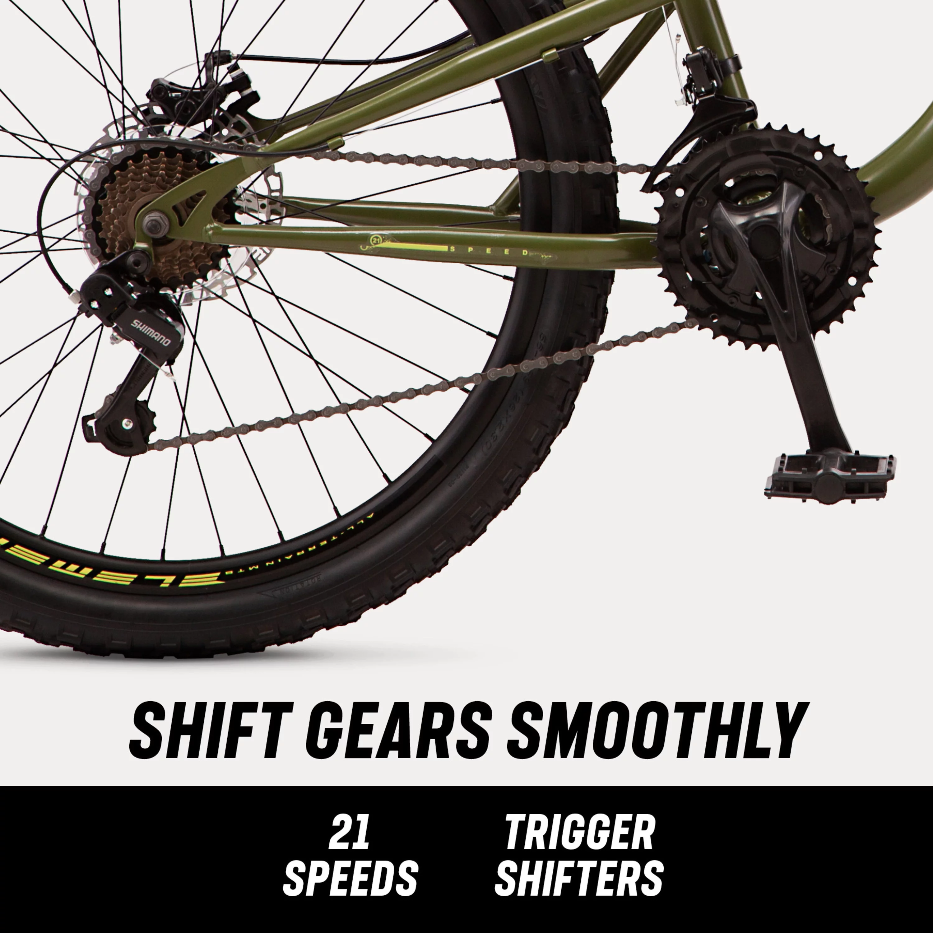 Mongoose Bash Suspension mountain bike, 21 speeds, 26-inch wheels, green - Radiant Selections