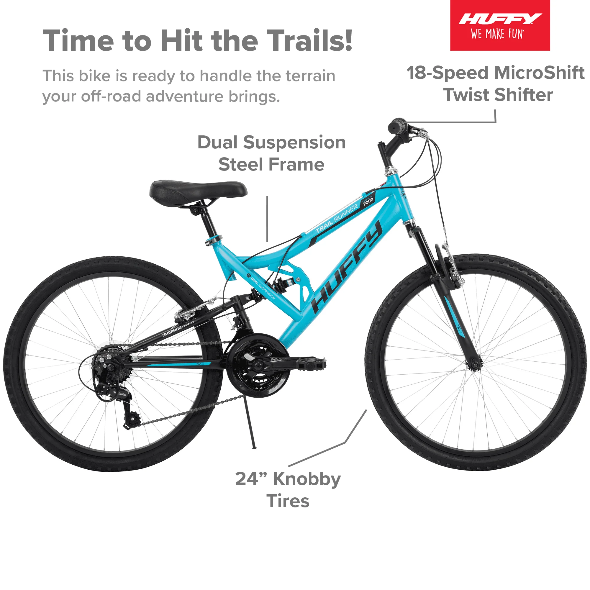 Huffy 24 Trail Runner Girls Full Suspension Mountain Bikes, Ages 12+ Years, Teal Blue