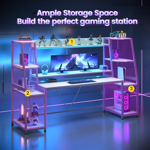 SEDETA Gaming Desk 78.8'' with LED Lights, Hutch and Storage Shelves, Computer Desk with Monitor Stand, Large PC Gamer Desk Workstation