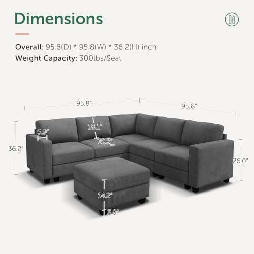 HONBAY Corduroy Modular Sectional Couch with Storage L-Shaped Sectional Couches for Living Room 6 Seater Modular Sofa, Dark Gray