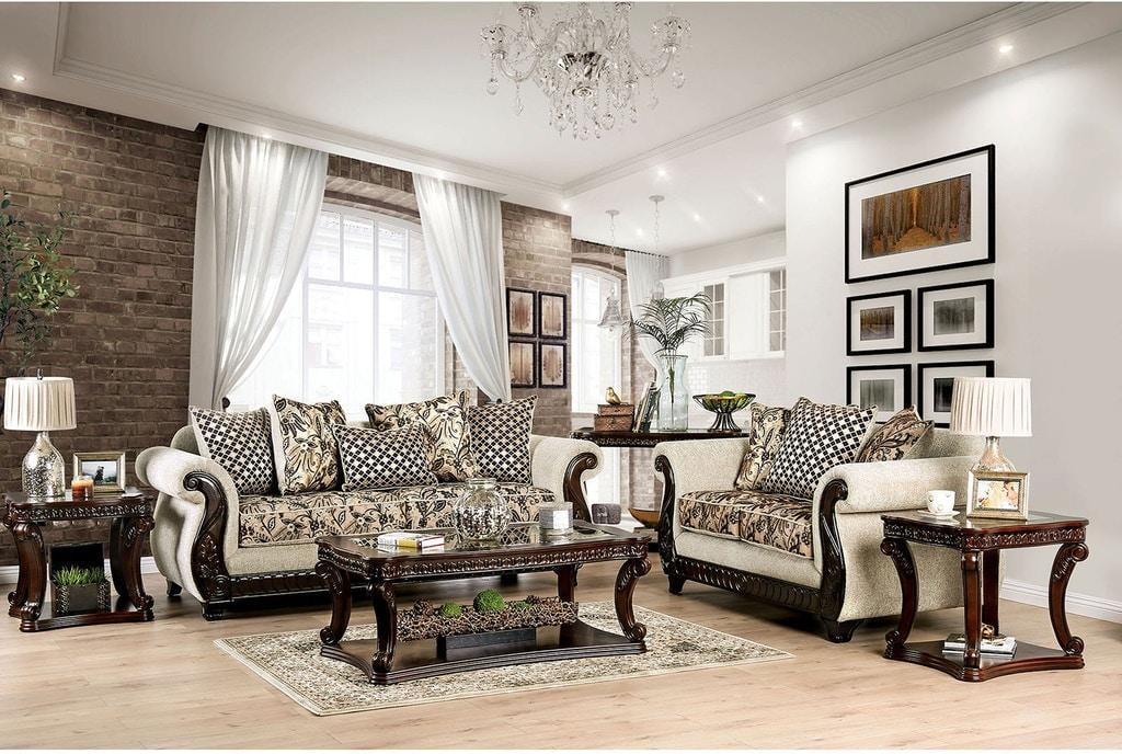 Traditional Beige & Brown Chenille Living Room Set 4pcs FOA Caldiran