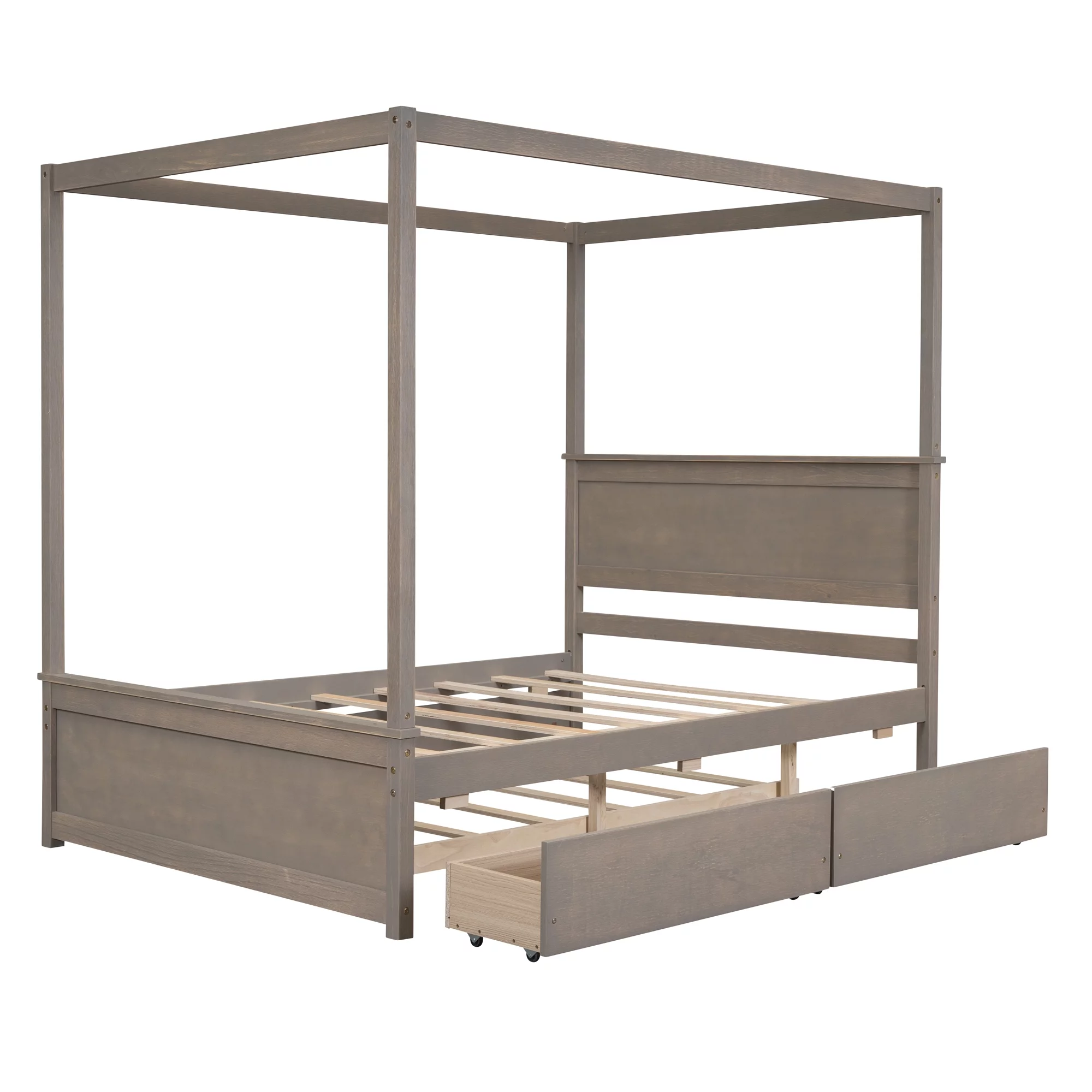 Nestfair Light Brown Full Size Wood Canopy Platform Bed with 2 Drawers and Trundle