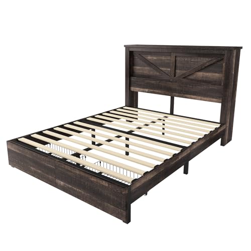 AMERLIFE 47.2" H King Bed Frame with Hidden Space Bookcase Headboard and Charging Station, Beds with 2 Storage Drawers and Wood Slats