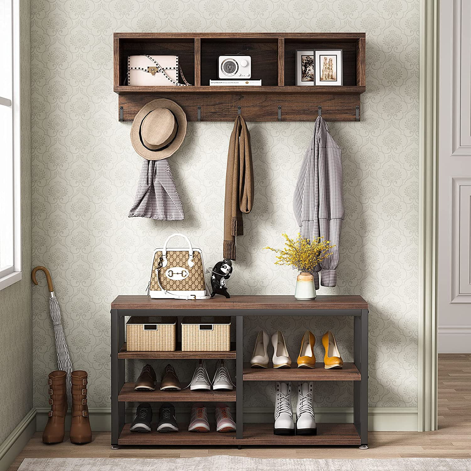 Tribesigns Hall Tree with  Bench, 3 Storage Cubbies, 7 Hooks for Entryway, Hallway