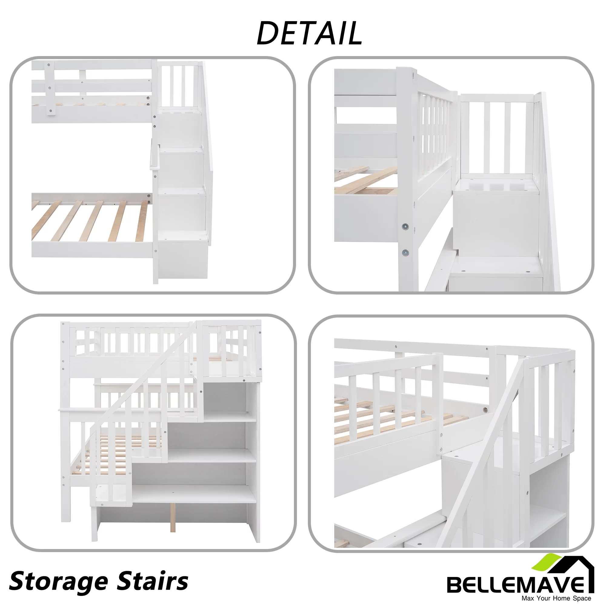 BELLEMAVE Full over Full Bunk Beds for Kids, Kids Bunk Beds with Storage Stairs and Full-Length Guardrail, Convertible Into 2 Bed