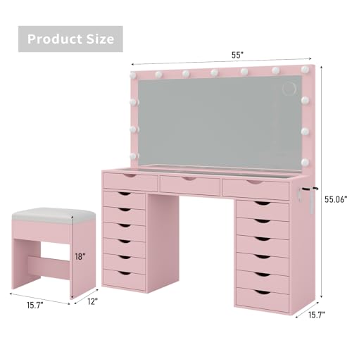 Vanity Desk with Mirror and Lights, Makeup Table with Charging Station, 3 Color Lighting Modes, 15 Drawers Dressing Table