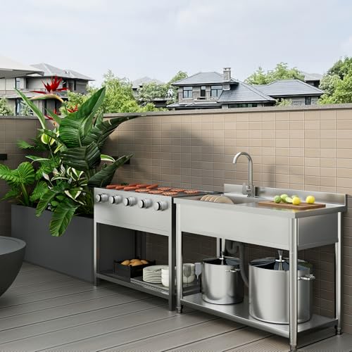 Stainless Steel Utility Sink, Large Freestanding Laundry Sink with Pull-out Faucet for Kitchen, Bathroom, Laundry Room, Garage, Outdoor/Indoor Use