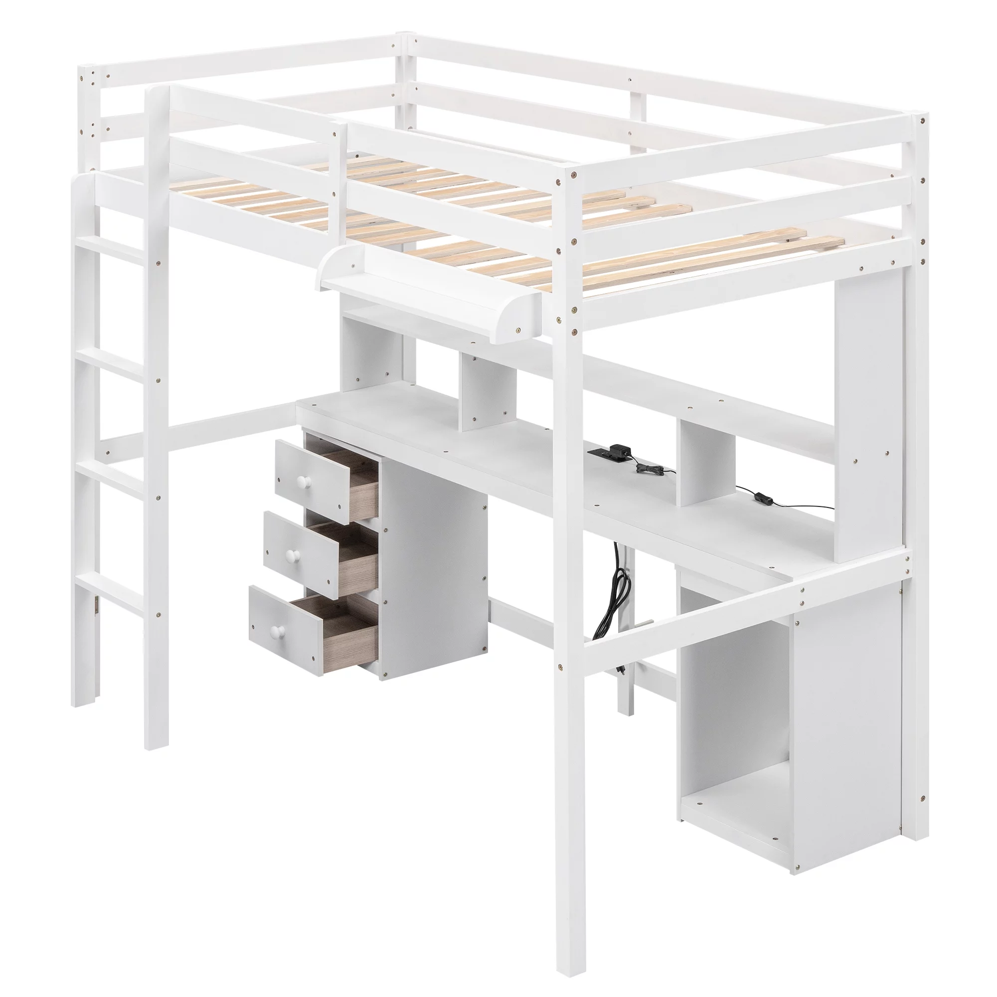Euroco Twin Size Loft Bed with Built-in Desk, 3 Drawers and USB Charging Station, LED Light Under Bed Space