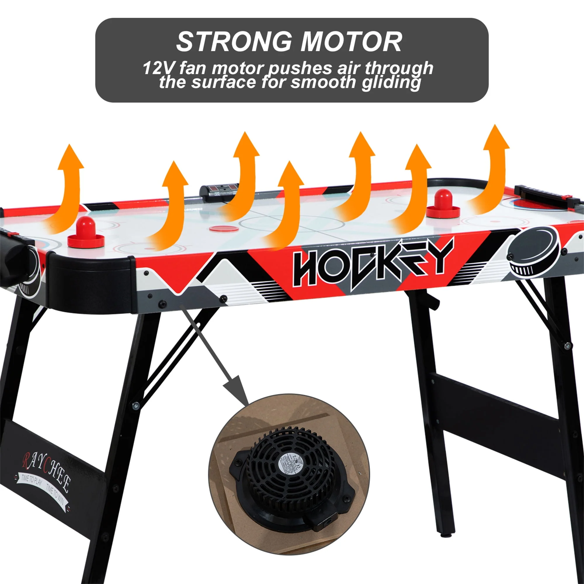 RayChee 48in Foldable Air Powered Hockey Table for Home Game Room w/ 2 Pucks, 2 Pushers, LED Scoreboard, 12V Motor (Oak)