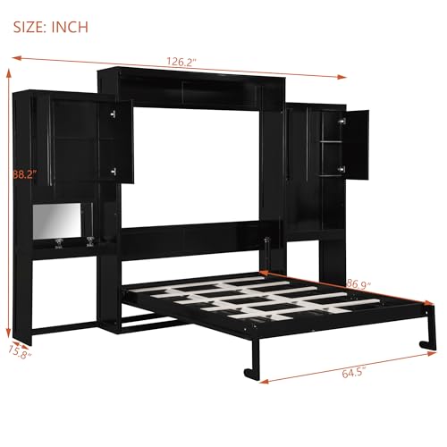 Queen Size Farmhouse Murphy Bed Cabinet with Charging Station, Foldable Platform Bed Frame with 2 Storage Drawers