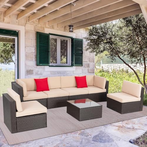 Shintenchi 6 Pieces Patio Furniture Sets Outdoor All-Weather Sectional Patio Sofa Set PE Rattan Manual Weaving Wicker Patio Conversation Set with