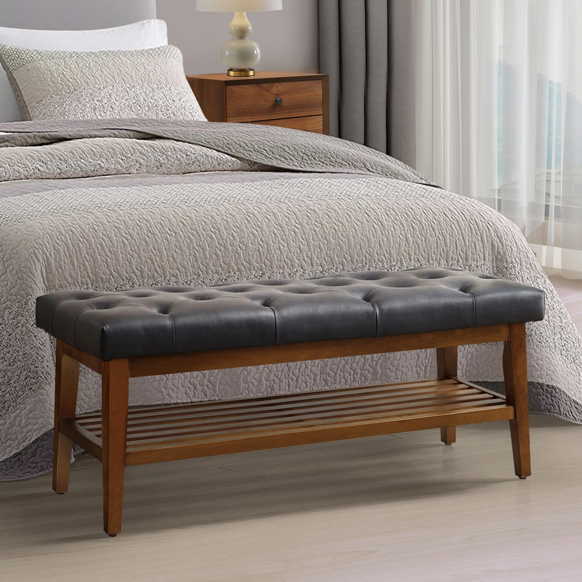 HUIMO Button-Tufted Shoe Bench
