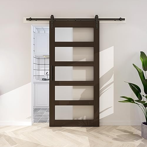 BARNSMITH 42in x 84in Glass Barn Door with 7FT Sliding Door Hardware Kit Included & Handle