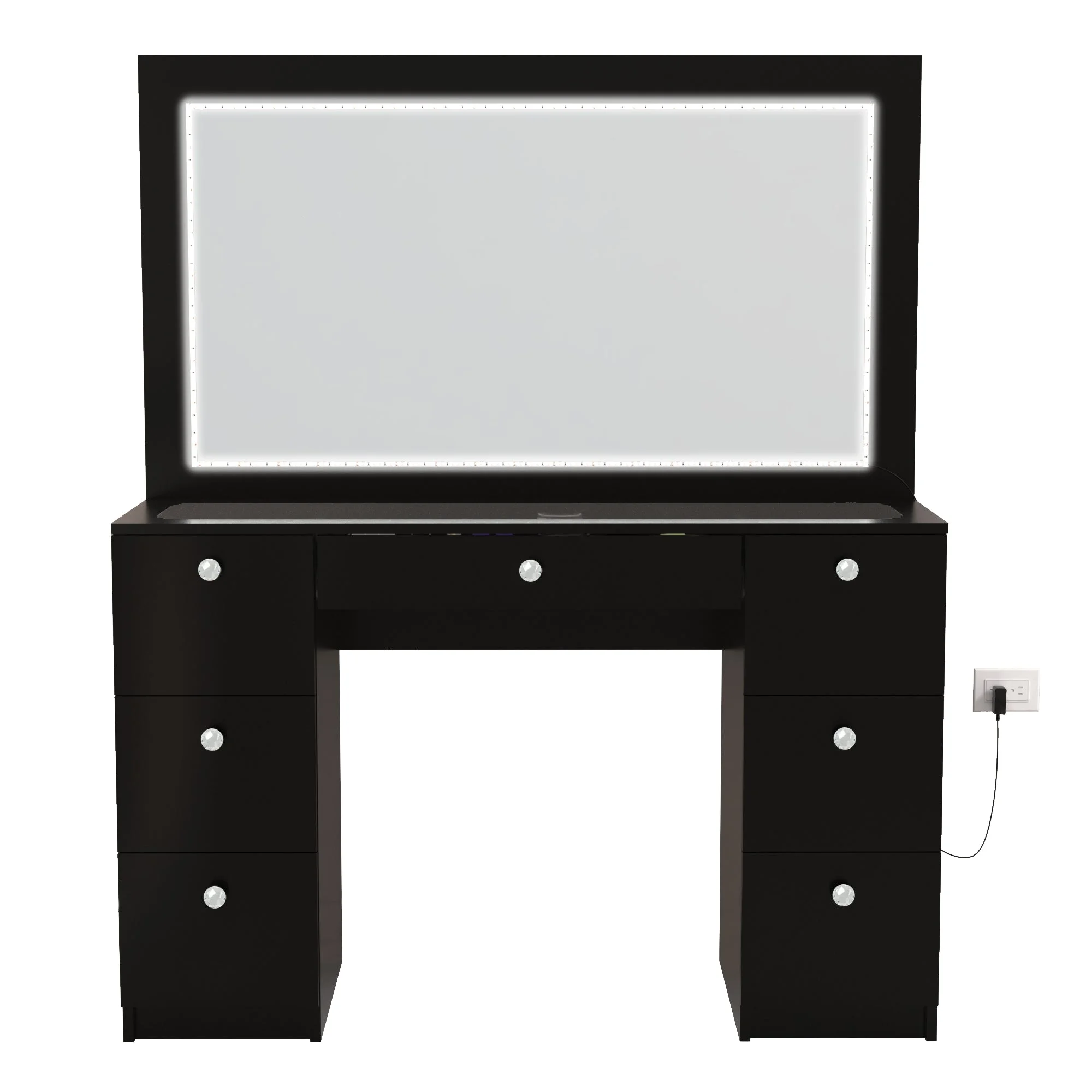 Boahaus Seraphine Modern Black Vanity Desk with LED Lights, 7 Drawers, Mirror, Crystal Ball Knobs, for Bedroom