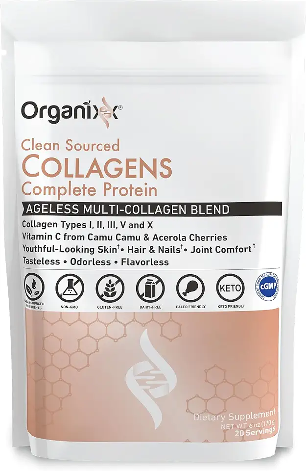 Organixx Collagen Peptides Powder with Vitamin C, Types I, II, III, V, X Hydrolyzed Collagen, Hair, Nail, Skin, Bone & Joint Health, Aging Support