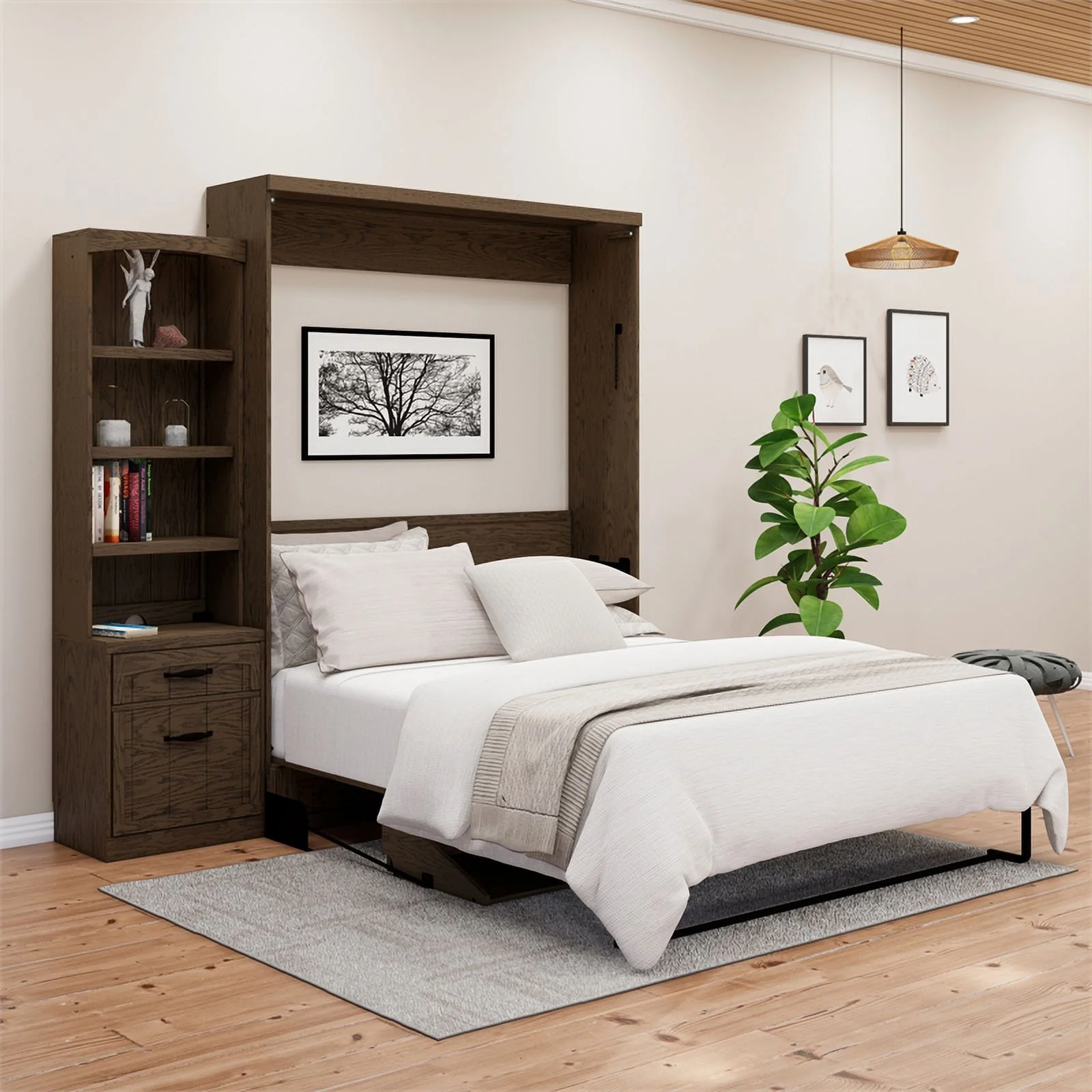 RoomAndLoft Cape Cod Wood Queen Murphy Wall Desk Bed & Shelf Storage in Brown