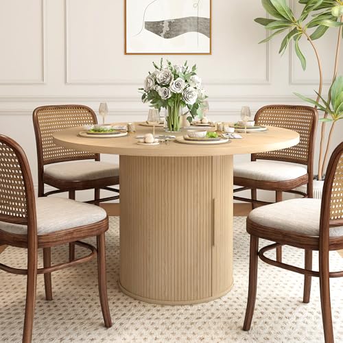 47 inch Round Dining Table for 4, Kitchen Table Dinner Table with 2-Layer Storage Shelf and Wood Slide Door for Home Dining Room Living Room (Walnut)