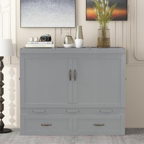 Harper & Bright Designs Full Size Murphy Bed Cabinet Wall Bed, Solid Pine Murphy Bed Chest with USB Ports