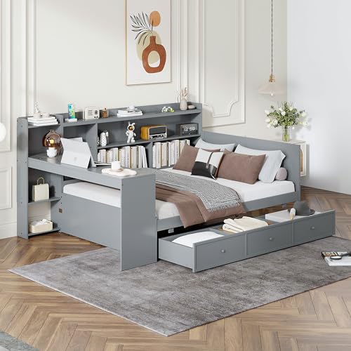 Bellemave Twin Corner Bed Frame with Storage Shelves and Desk, Wood Twin Size Daybed with Bookcase and Drawers and Storage, Gray