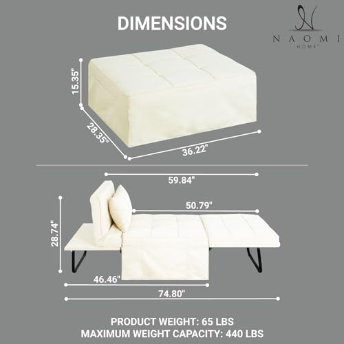 Sleeper Chair Bed, 4 In 1 Multi-Function Convertible Ottoman Bed, Breathable Linen Bed Chair, Convertible Sofa Bed with Adjustable Backrest