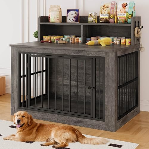 IRONCK Extra Large Dog Crate Furniture, 43.3 inches Wooden Dog Crate with Storage and 4 Hooks, Heavy Duty Pet Crate for Large Dog
