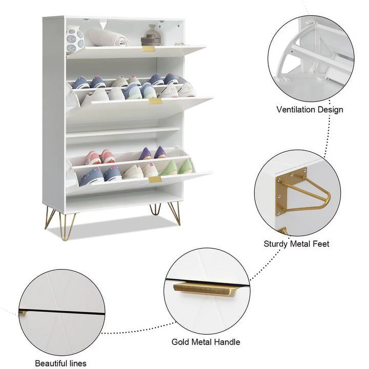 Eclife Entryway Furniture Shoe Cabinet Flip Down Drawers, Slim Tall Shoe Rack Storage Organizer, White, 32"W x 9"D x 47"H