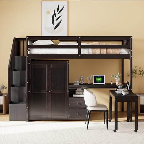 Harper & Bright Designs Twin Size Loft Bed with Stairs and Bookshelf, Wood Twin Storage Bed with Desk & Wardrobe