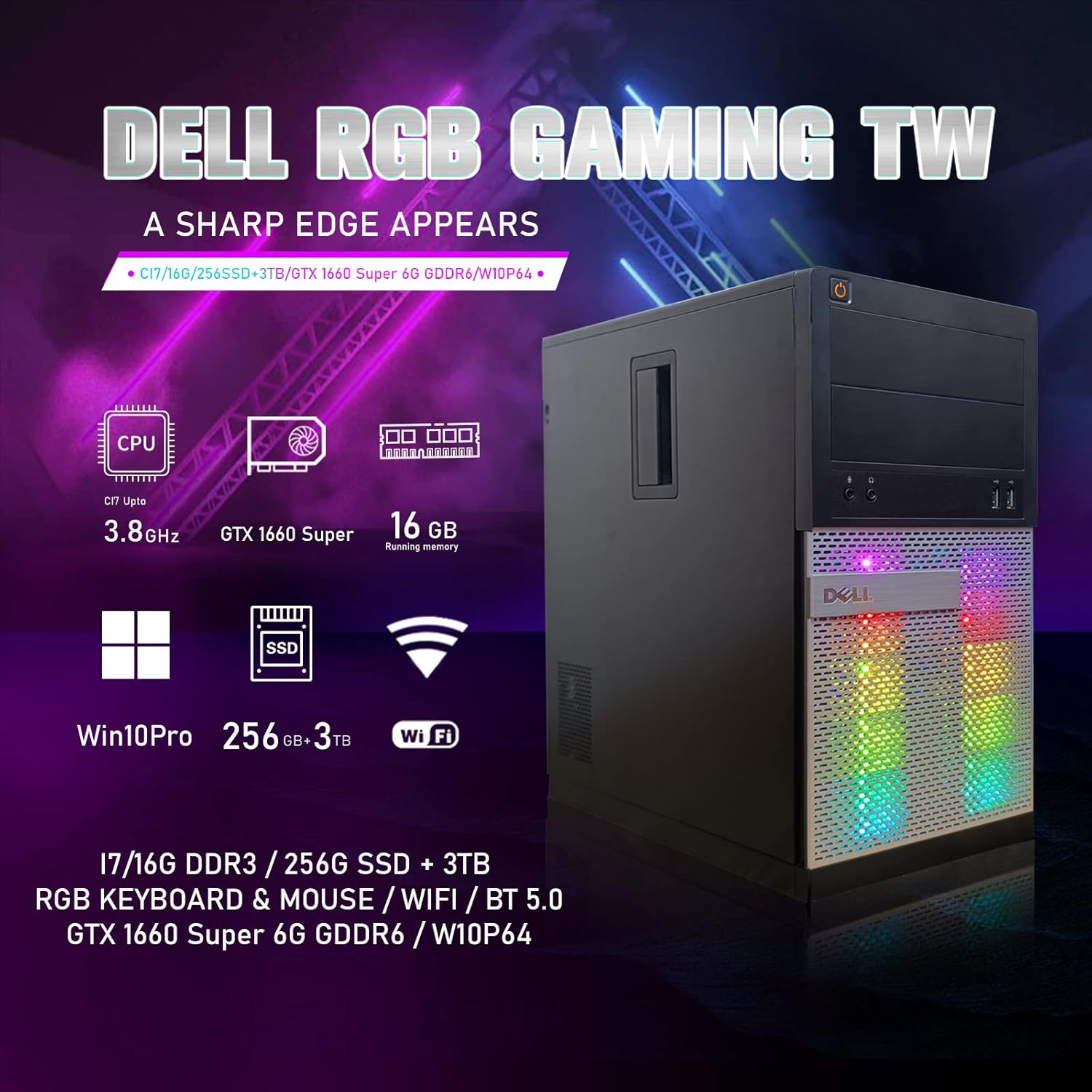 Dell RGB Gaming PC Desktop Computer - Intel Quad I7 up to 3.8GHz, GeForce GTX 1660 Super 6G GDDR6, 16GB Memory, 256G SSD + 3TB, RGB Keyboard & Mouse