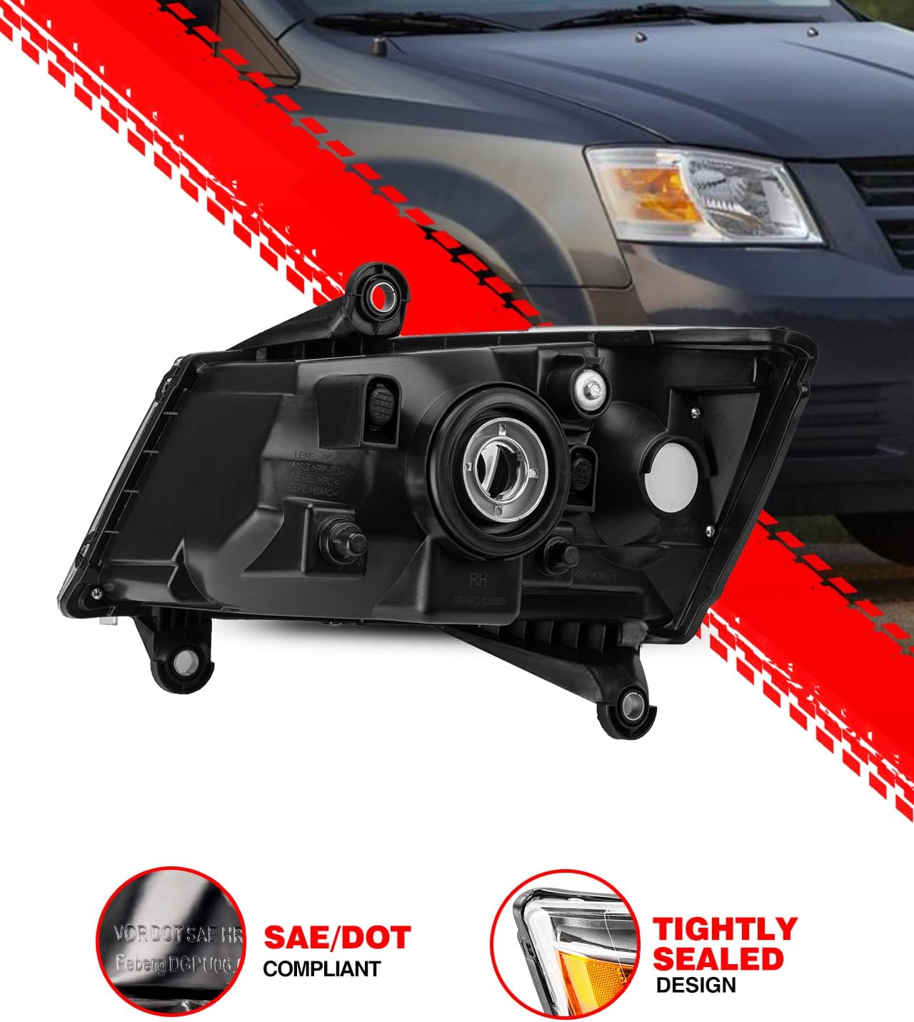 Torchbeam Headlight Assembly for 2008-2010 Caravan Headlights Chrome Housing Amber Reflector Clear Lens Passenger and Driver Side