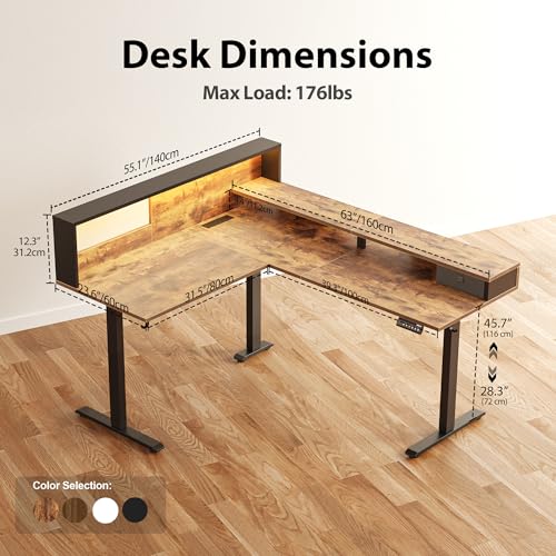 Agilestic L Shaped Electric Standing Desk with 2 Drawers, 63 Inch Ergonomic Adjustable Height Desk with Storage
