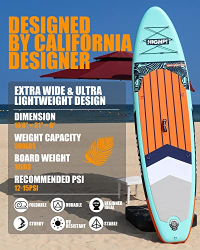 Highpi Inflatable Stand Up Paddle Board Premium SUP Accessories, Backpack, Wide Stance, Surf Control, Non-Slip Deck, Leash, Paddle and Pump