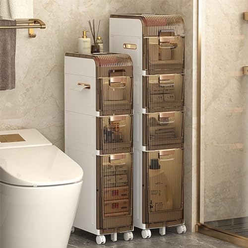 Narrow Bathroom Floor Storage Cabinet with Multi-layer Drawers Universal Wheels