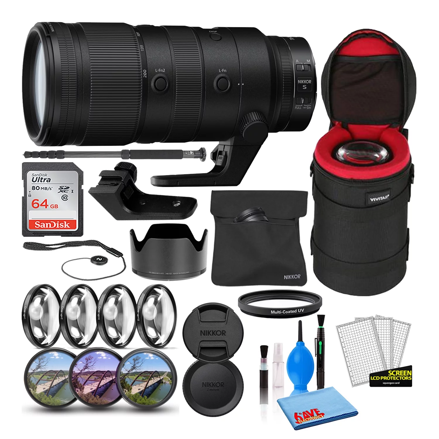 Nikon NIKKOR Z 70-200mm f/2.8 VR S Lens (20091) Bundle with 64GB Ultra SDHC Memory Card + Padded Lens Case + 70-Inch Pro Monopod + 8-Piece Filter Kit