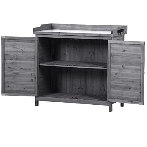 Merax 66" Large Outdoor Farmhouse Wooden Potting Bench Table, Garden Workstation with 2 Drawers, Cabinet, and Open Shelves for Backyard, Mudroom