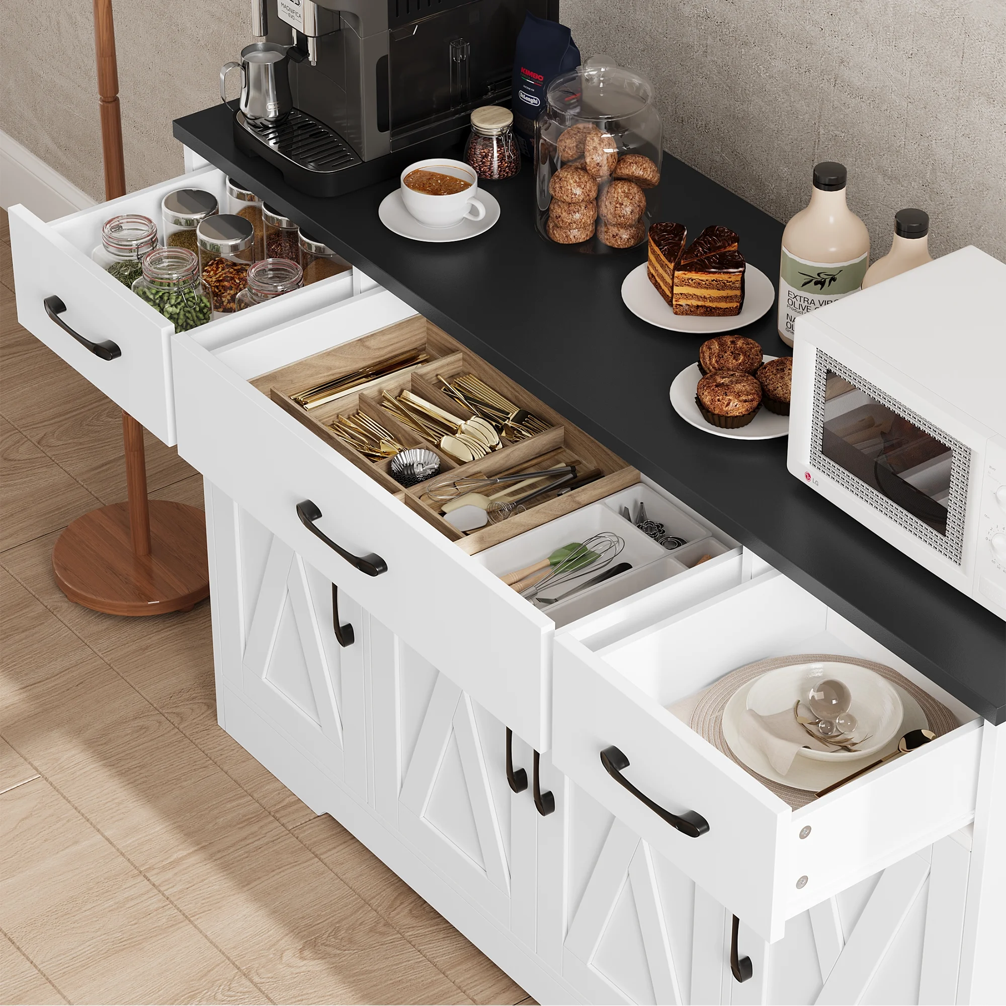 Homfa 55.1‘’ Farmhouse Kitchen Sideboard, 4-Doors 3-Drawers Wood Buffet Cabinet with Adjustable Shelves, Black & White