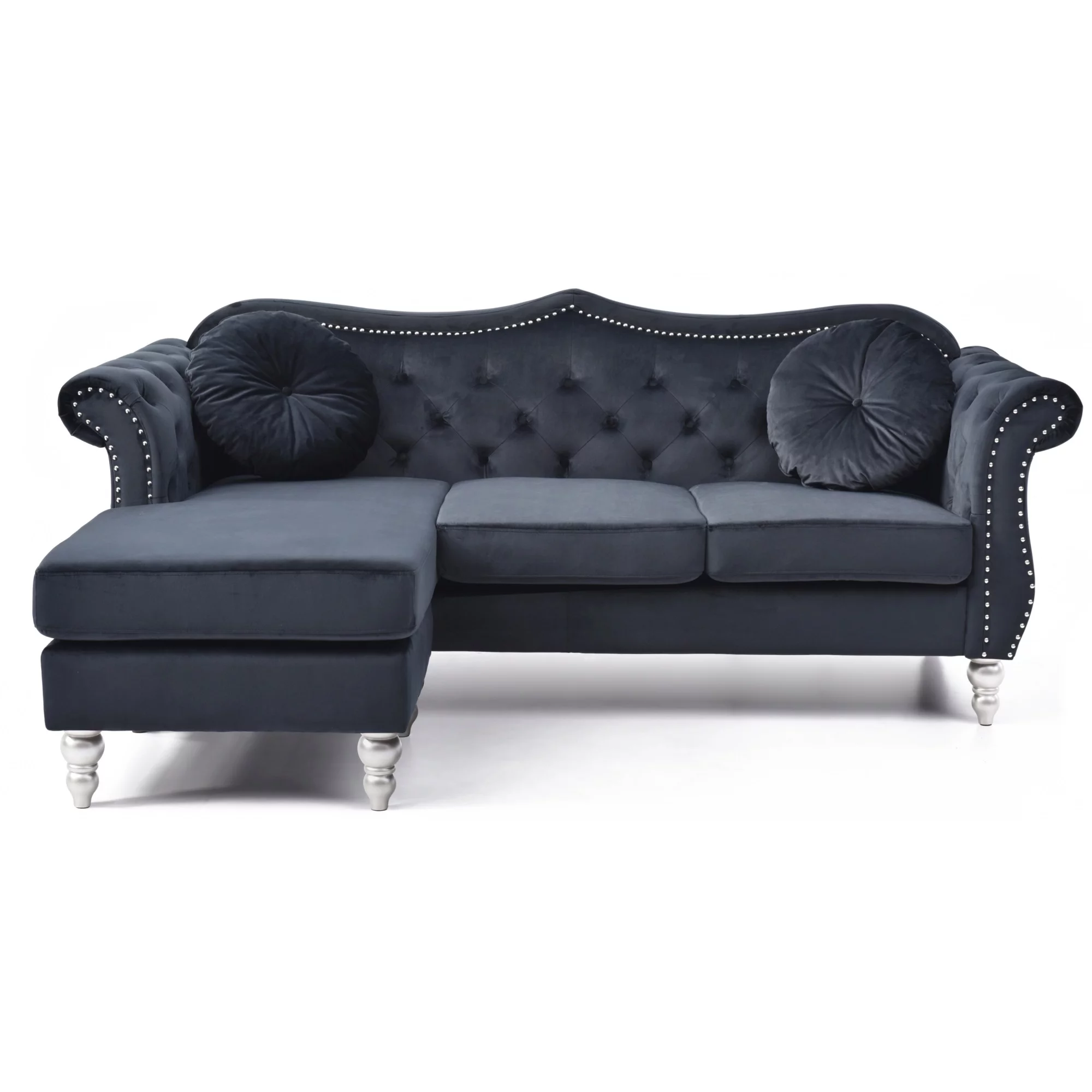 Passion Furniture Hollywood 81 in. Black Velvet Chesterfield Sectional Sofa with 2-Throw Pillow