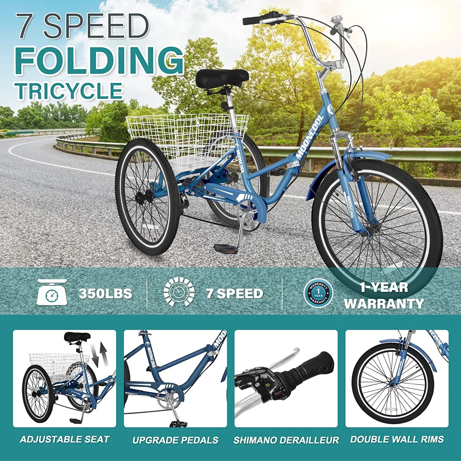 Slsy Adult Folding Tricycle for Adults, 7 Speed 20/24/26 inch 3 Wheels Bikes with Basket, Foldable Tricycle for Adults, Women, Men, Seniors